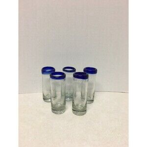 5 Mexican  Hand Blown Cobalt Blue Rim Tequila Shot Glasses Liquor